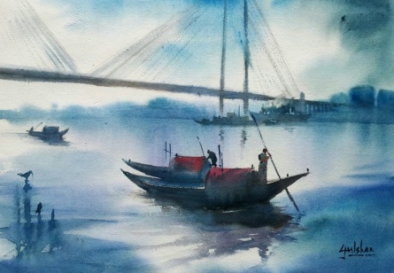 445x308 Misty Morning By Artist Gulshan Achari Seascape Art Watercolor - Misty Morning Painting