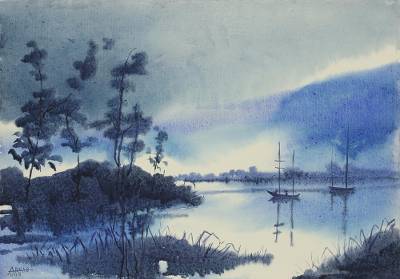 400x279 Signed Impressionist Painting Of Fishing Boats From India - Misty Morning Painting