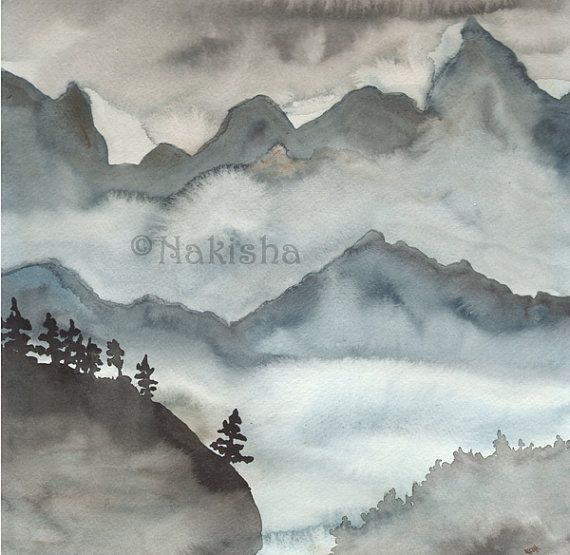 570x555 Original Watercolor Painting - Misty Mountain Painting
