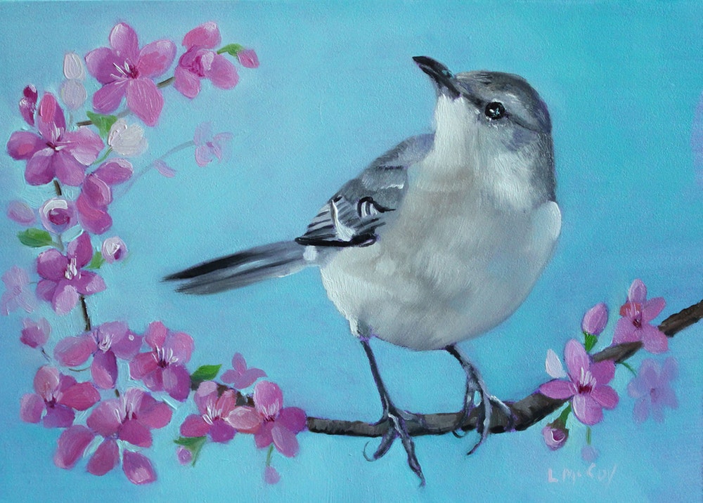 1000x716 Mocking Bird With Spring Blossoms By Artist Linda Mccoy, - Mockingbird Painting