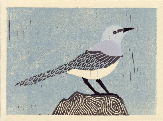 570x424 Mockingbird Handmade Linocut Oil Paint Art Block Print With Blue - Mockingbird Painting