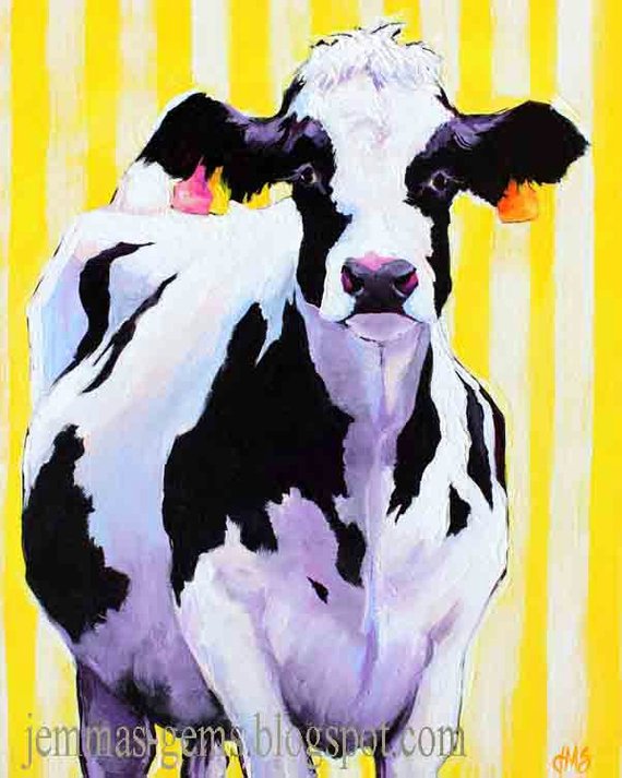 570x713 Cow Painting Cow Painting Yellow Striped Cow Print Modern - Modern Cow Painting