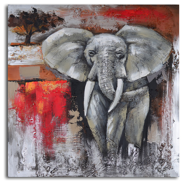 638x640 Elephant Encounter Hand Painted Canvas Art - Modern Elephant Painting