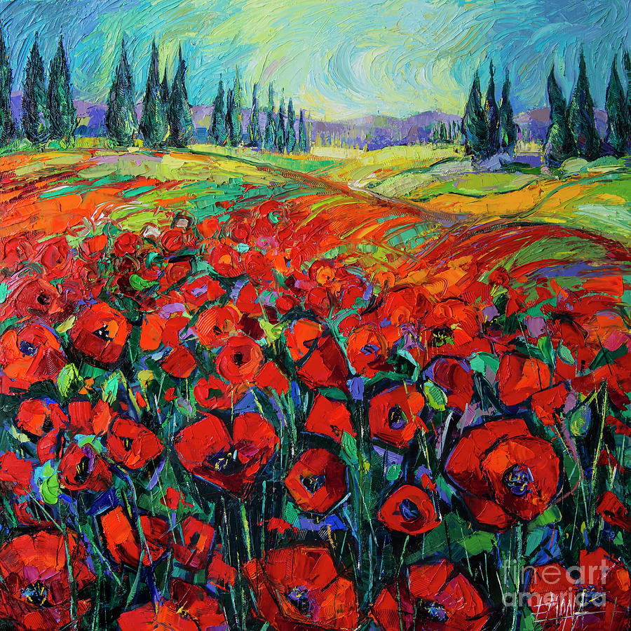 900x900 Poppies And Cypresses - Modern Impressionism Palette Knife Oil Painting