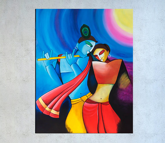 570x493 Krishna Painting Asian Decor Indian Contemporary Radha - Modern Krishna Painting
