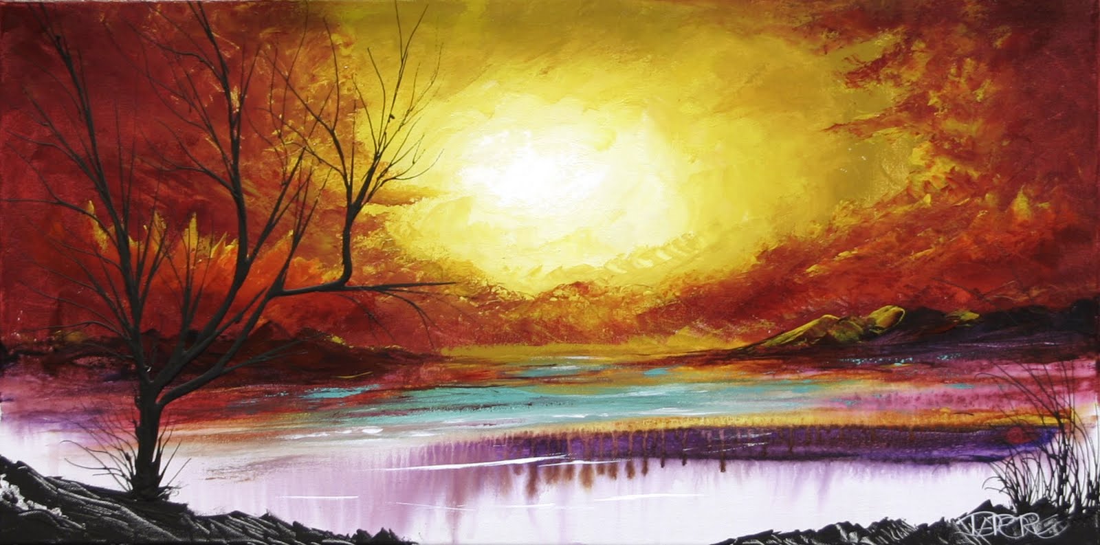 1600x793 Red Orange Yellow Autumn Tree Painting Canvas Art Modern Landscape - Modern Landscape Painting