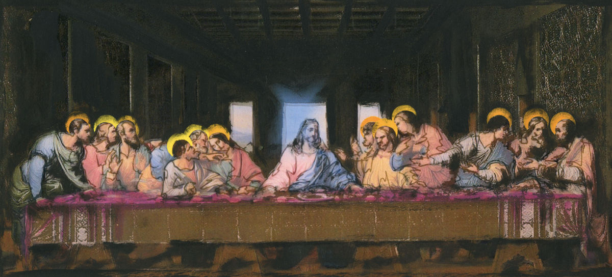 1200x544 Last Supper, Original Mixed Media On Paper, Small Variation - Modern Last Supper Painting