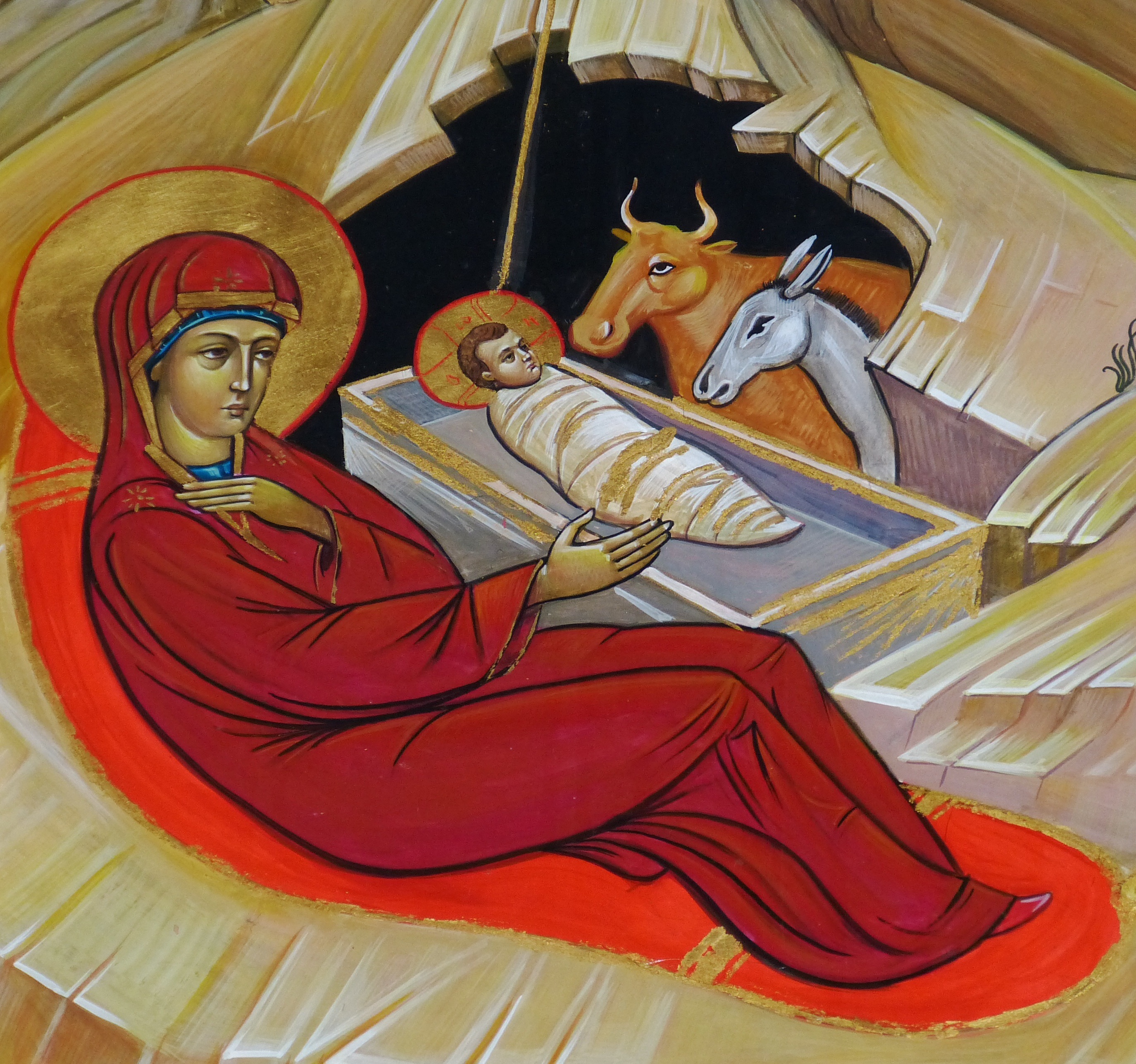 2749x2574 Free Images Church, Christmas, Painting, Donkey, Illustration - Modern Nativity Painting