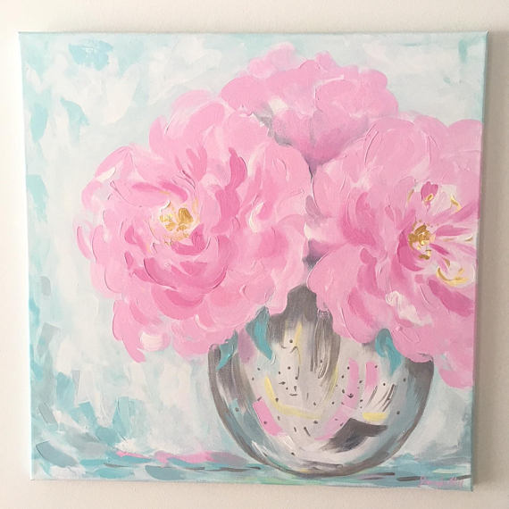 570x570 Original Acrylic Peony Painting On Canvas With Glitter Pink - Modern Peony Painting
