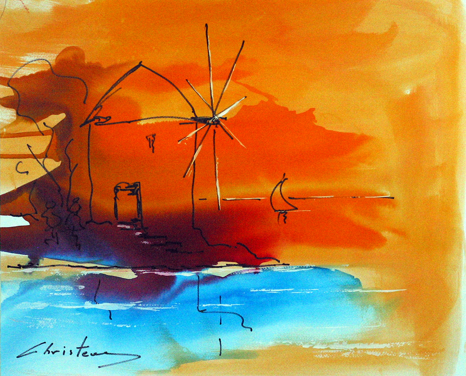 1623x1311 Watercolor Painting Wind Mill - Modern Watercolor Painting