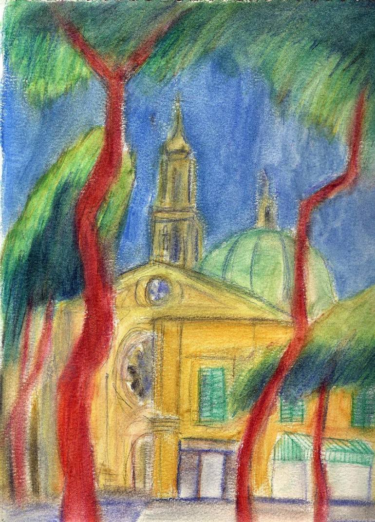 770x1071 Saatchi Art Red Trees And Church, Mola Di Bari Drawing By Brian Palm - Mola Painting