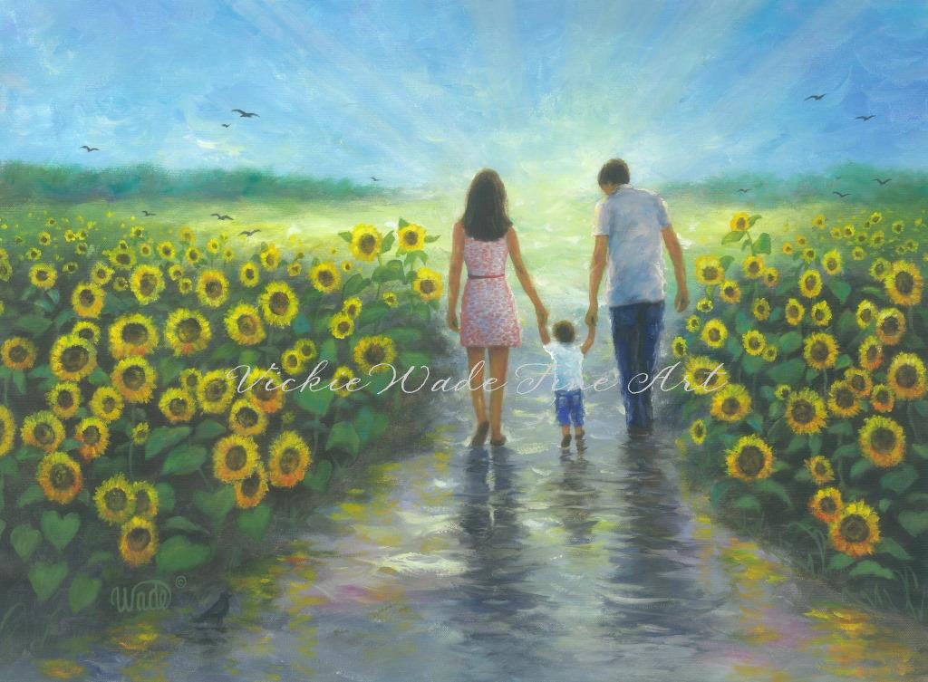 1024x753 Sunflower Art Print Family Art Mom Dad Son Baby Boy - Mom And Baby Painting