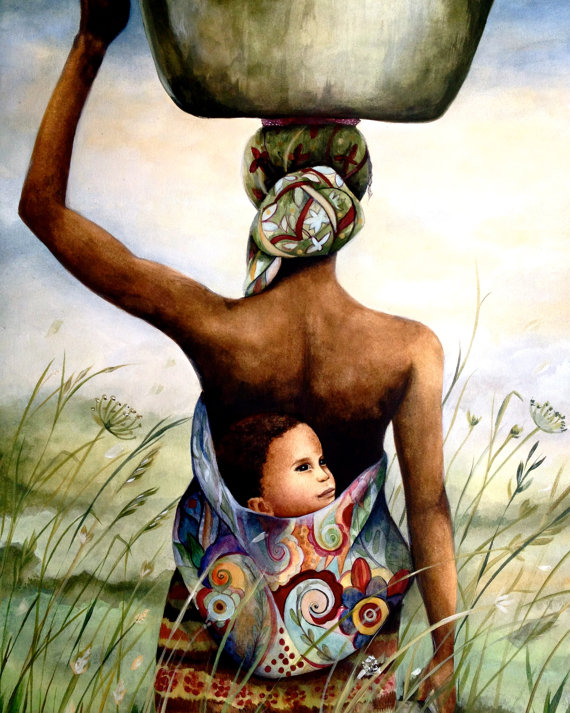 570x713 Mother With Her Baby In Her Back In A Field Art Print - Mom And Baby Painting