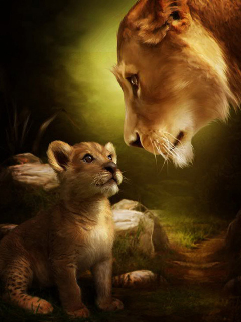 480x640 Diamond Embroidery Needlework Mom And Baby Lions 5d Diy Diamond - Mom And Baby Painting