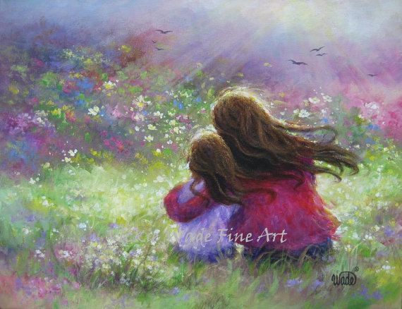 570x438 Mother Daughter Art Print, Garden Mother, Loving Mother Brunette - Mom And Daughter Painting