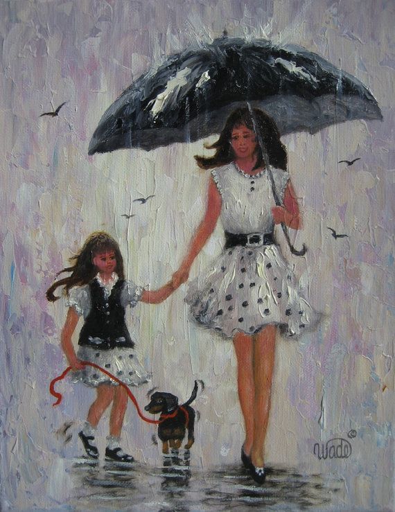 570x739 Rain Girls Original Oil Painting, Mother And Daughter Paintings - Mom And Daughter Painting
