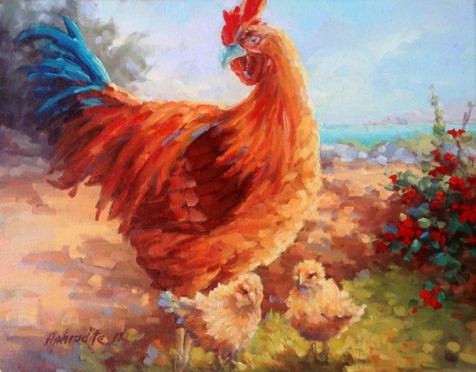 694x543 Caribbean Art, Modern Impressionist, Chicken Painting - Mom Painting