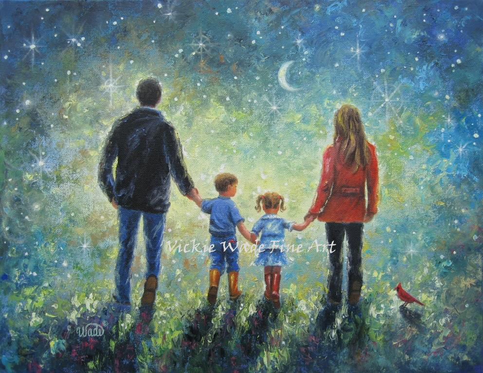993x768 Family Art Print Mom Dad Son Daughter Evening Walk Father - Mom Painting