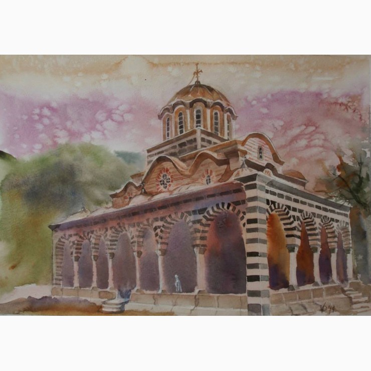 740x740 Impression Of Rila Monastery Watercolour Painting - Monastery Painting