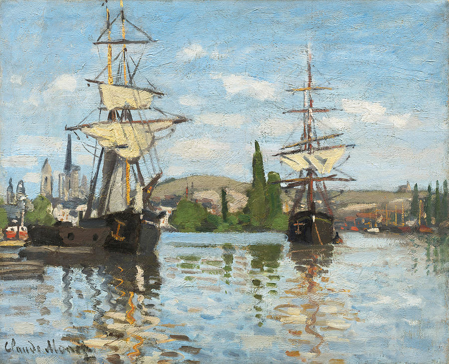900x731 Ships Riding On The Seine At Rouen Painting By Claude Monet - Monet Ship Painting
