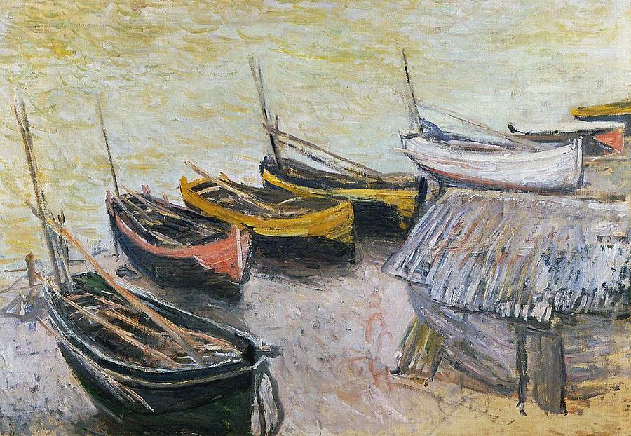 900x622 Boats On The Beach Painting By Claude Monet - Monet Ship Painting