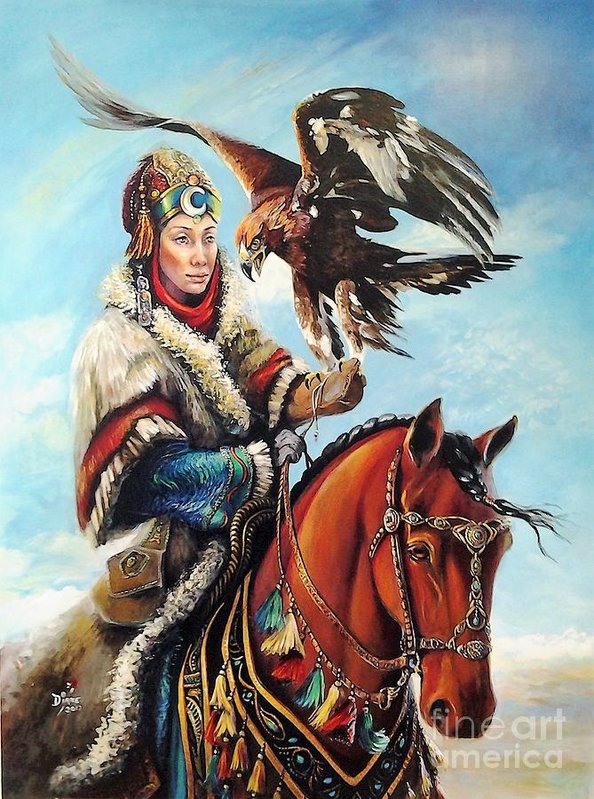 594x799 Mongolian Eagle Hunter Queen Art Print By Diane Rose Medlin - Mongolian Painting