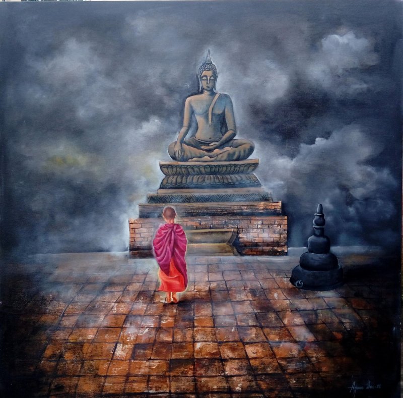 800x789 Monk Child And Buddha By Artist Arjun Das Religious Art - Monk Painting