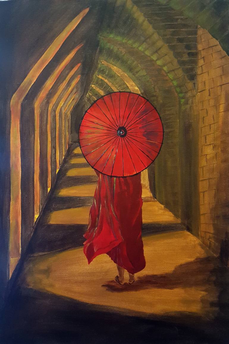 770x1155 Saatchi Art Monk With Umbrella Painting By Sreedhar Unnamatla - Monk Painting