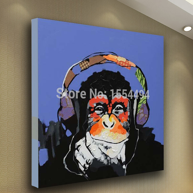 640x640 Framed Hand Painted Modern Animal Gorilla Monkey Headphones Music - Monkey Painting For Kids