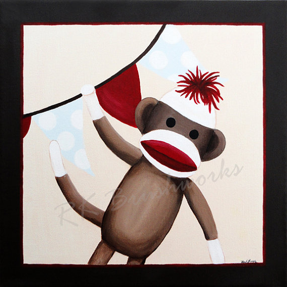 570x571 Sock Monkey Nursery Art Kids Wall Art Childrens Art Print - Monkey Painting For Nursery