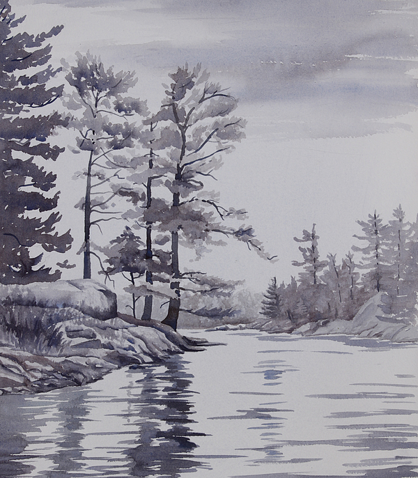 600x686 Lake Reflections Monochrome Painting By Debbie Homewood - Mono Color Painting
