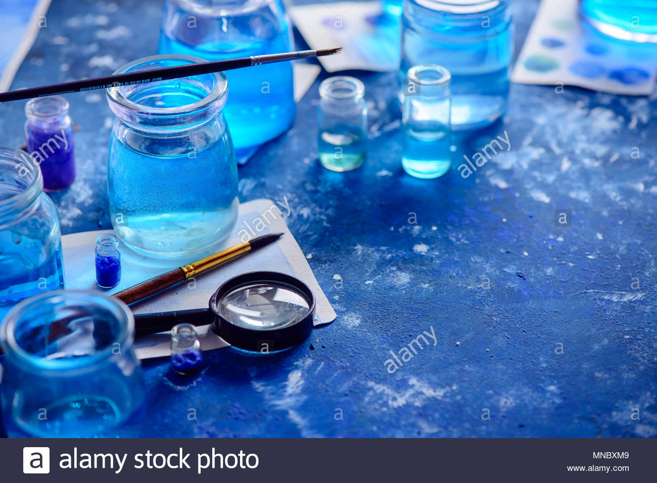 1300x957 Artist Workplace With Watercolor Sketches In Shades Of Blue - Monochromatic Painting Blue