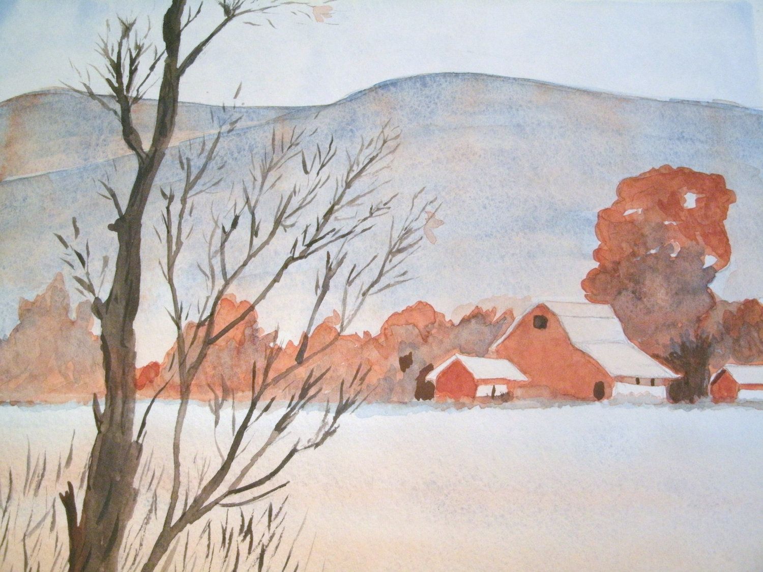 1500x1125 Original Watercolor Painting Monochromatic Country Scene, Fine Art - Monochromatic Tree Painting