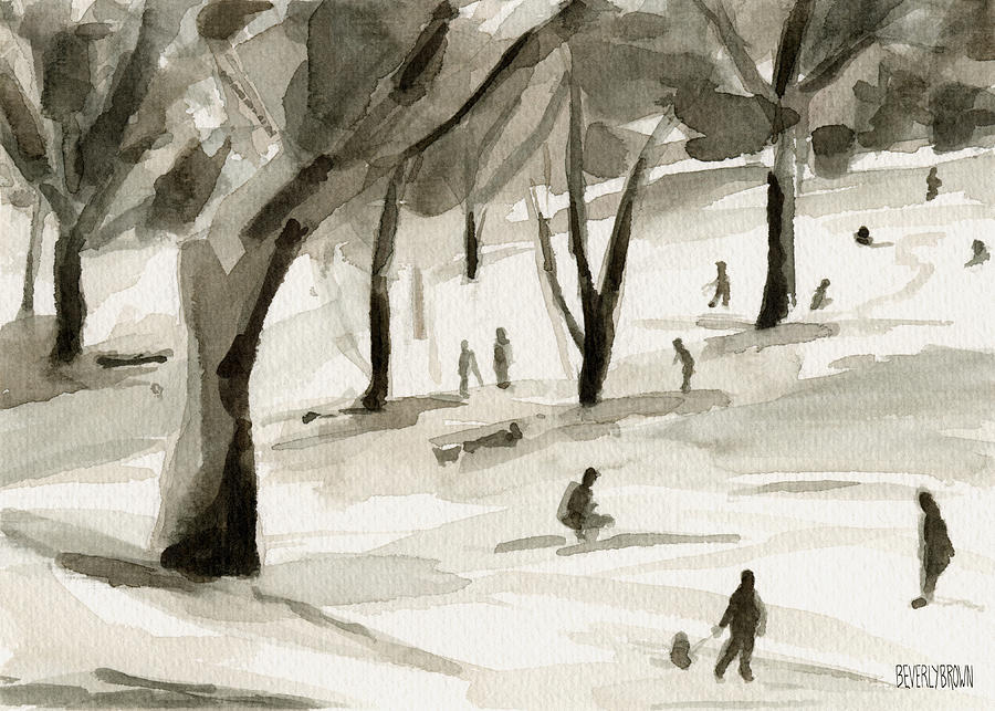 900x643 Sledding In The Snow Watercolor Painting Of Central Park Nyc - Monochrome Painting