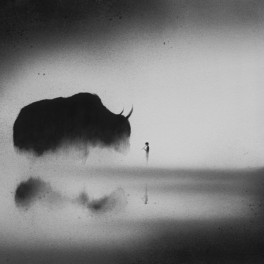 1080x1080 Misty Black Amp White Watercolor Paintings Of Animals And Children - Monochrome Watercolor Painting