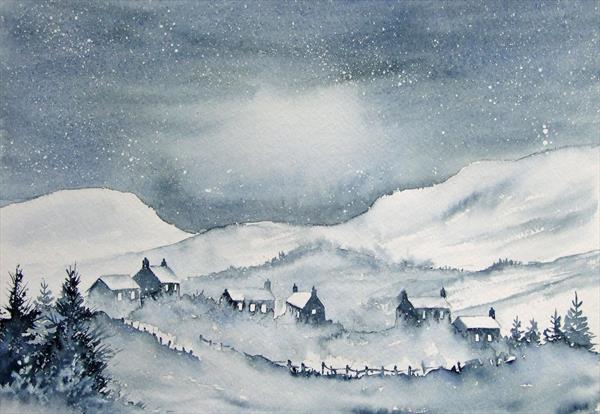 600x414 Mountain Village In The Snow. Original Monochrome Watercolour - Monochrome Watercolor Painting