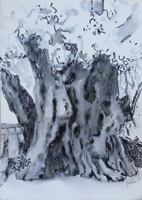 570x802 Original Watercolor Fine Art Painting, Black And White Tree Trunk - Monochrome Watercolor Painting