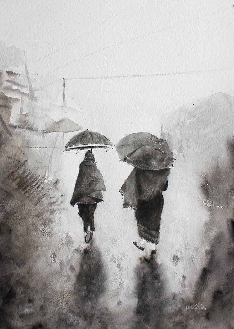754x1059 Watercolour Rain Painting - Monochrome Watercolor Painting