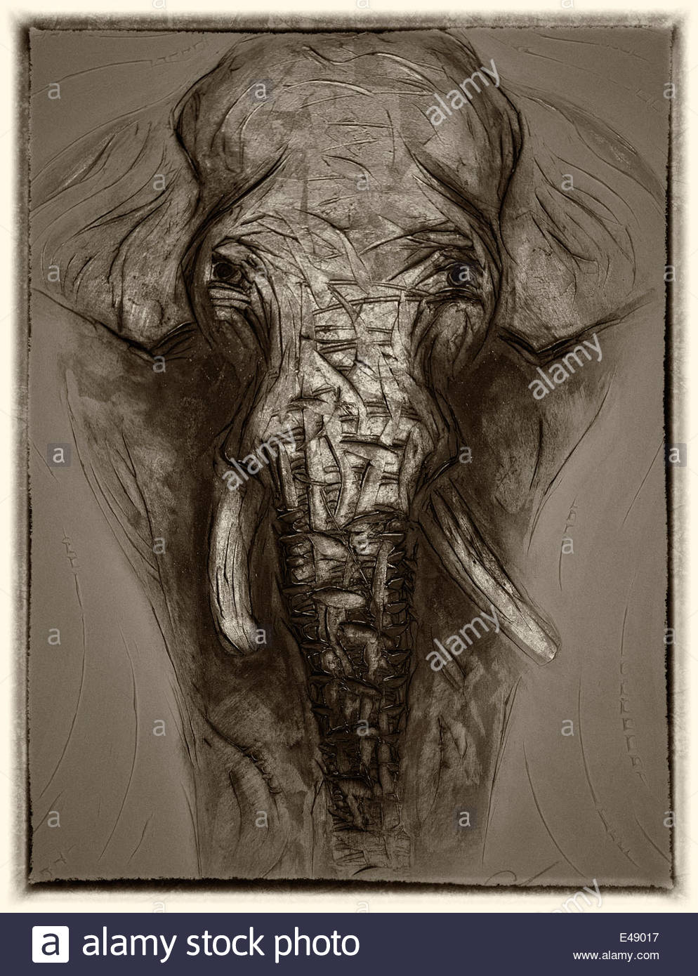 994x1390 Monotone Painting Of An Asian Elephant. Thailand S. E. Asia Stock - Monotone Painting