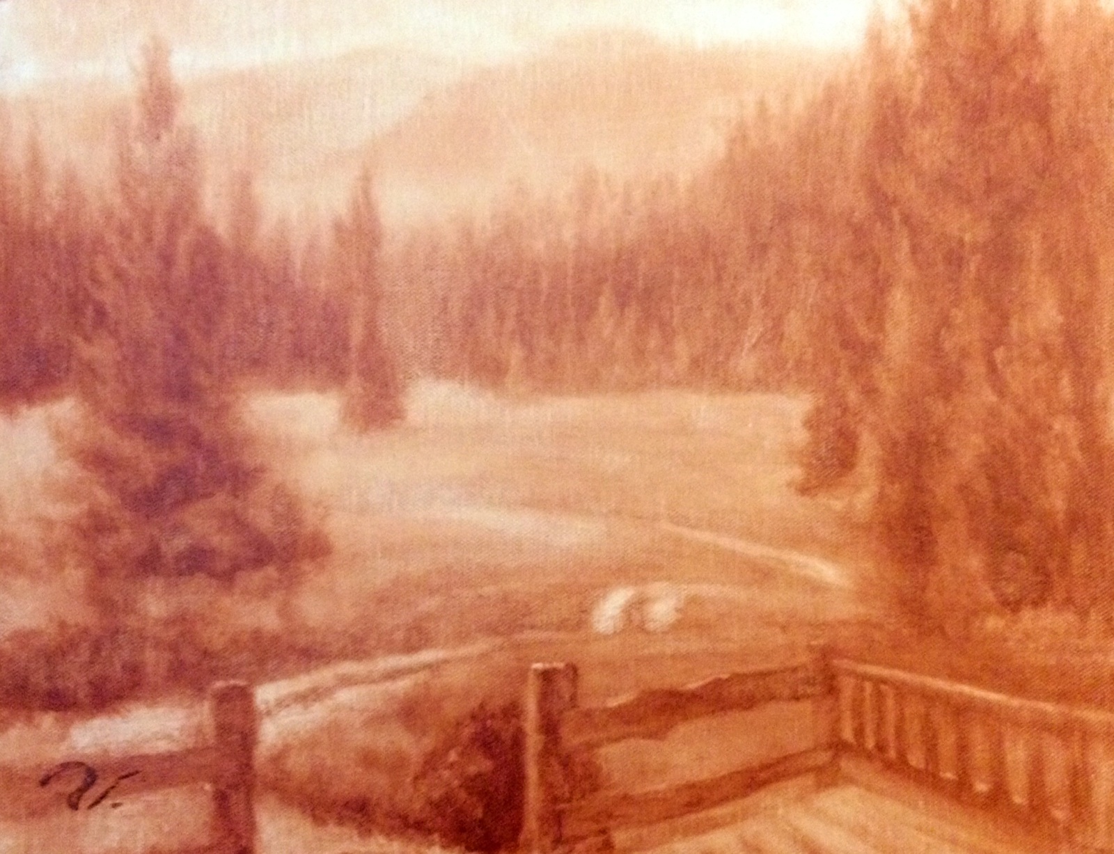 1600x1227 Burnt Sienna Wipe Out Oil Painting B. Rex Stewart Landscape - Monotone Painting