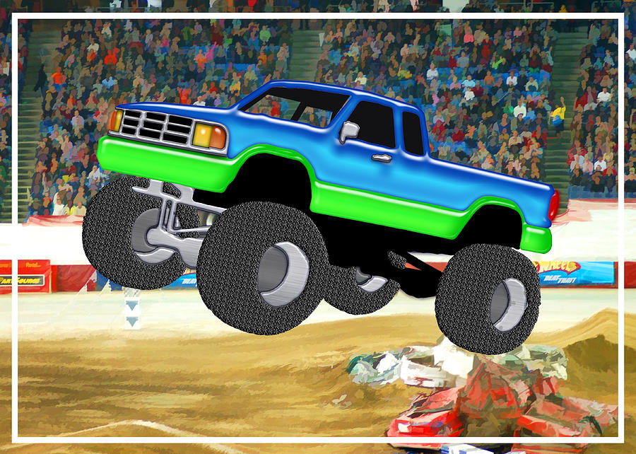 900x642 Marvelous Monster Truck In The Arena Painting By Elaine Plesser - Monster Truck Painting