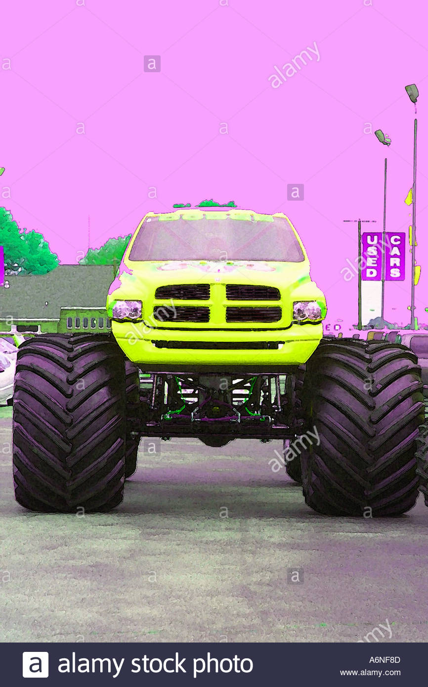 866x1390 Digital Painting Big Monster Truck In Yellow And Pink Stock Photo - Monster Truck Painting