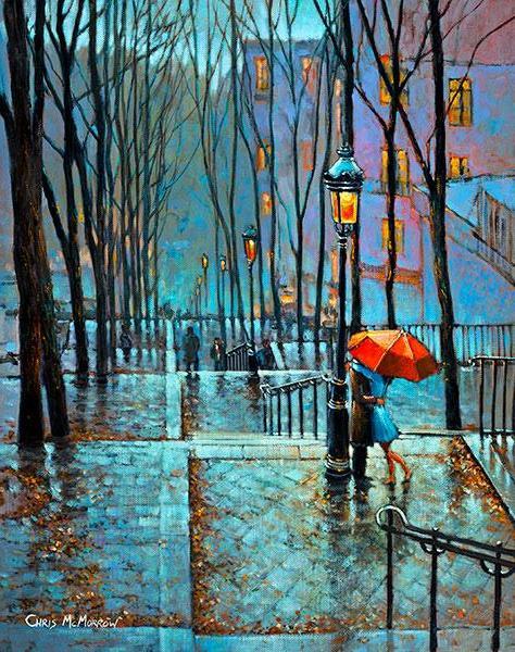 474x600 Painting Print Of Lovers Under Umbrella On Montmartre Steps, Paris - Montmartre Painting