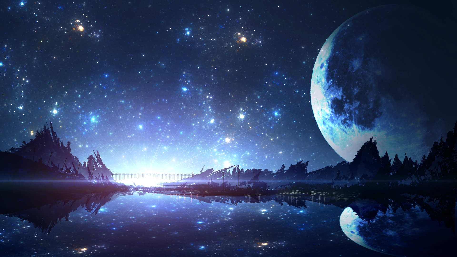 1920x1080 Wallpaper Fantasy Landscape, Moon, Reflection, River, Artwork - Moon And Stars Painting
