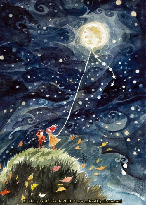 500x700 Flying The Moon - Moon And Stars Painting