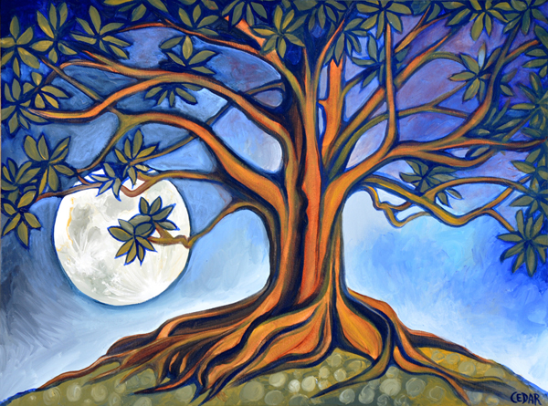 600x445 Golden Haloed Moon Amp Milk Moon Rising Art By Cedar Lee - Moon And Tree Painting