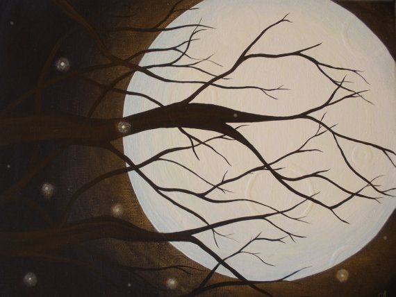 570x428 Late Summer Moon Stunning Moon, Tree And Firefly Painting - Moon And Tree Painting