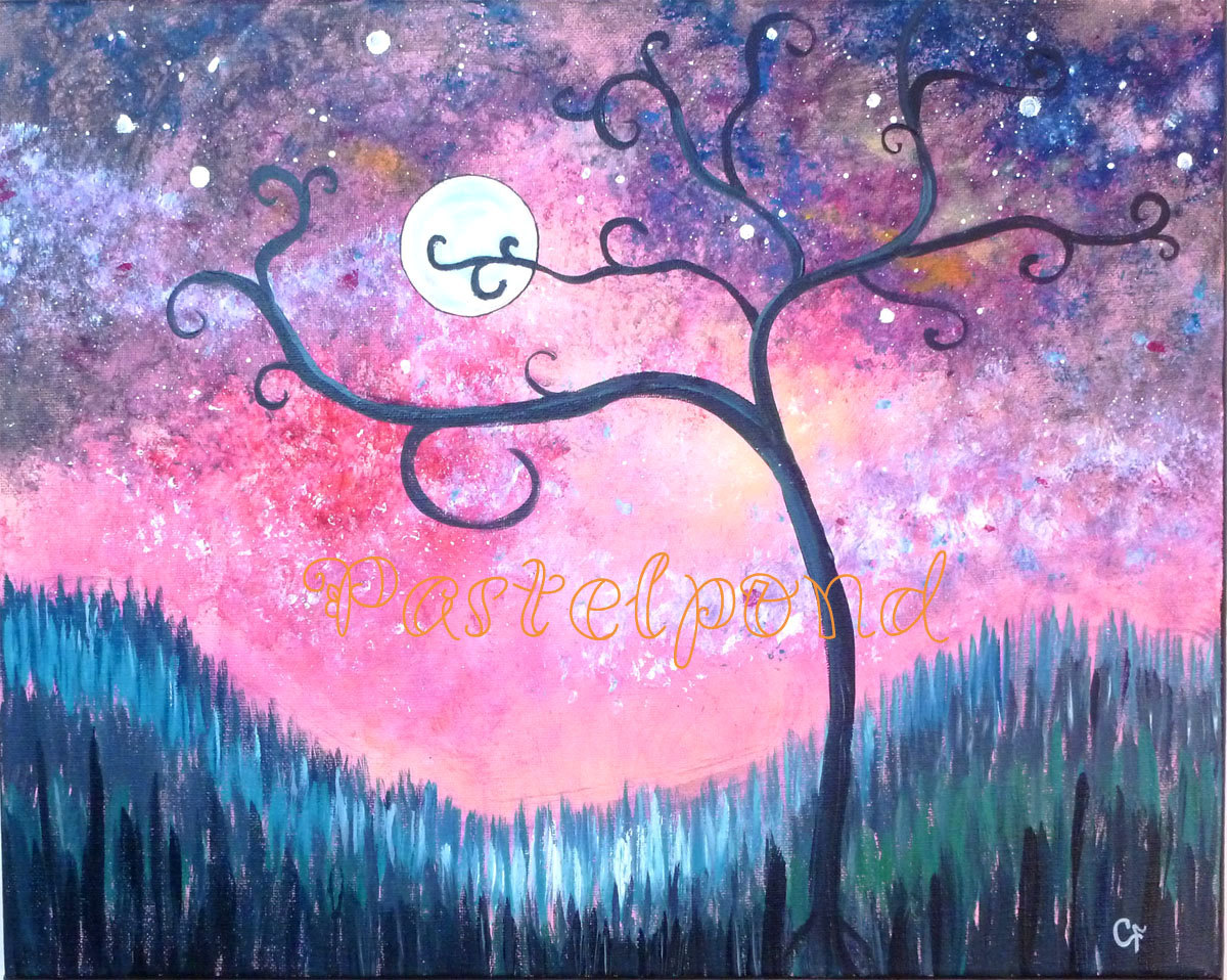1200x958 Modern Art Curly Tree With Moon And Stars 16x20 Large - Moon And Tree Painting