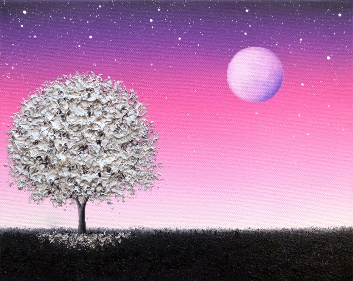 716x570 Silver Tree Painting, Starry Night Sky, Purple Night Original Oil - Moon And Tree Painting