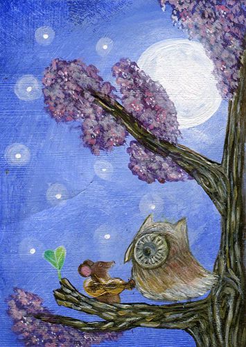 355x500 Aceo Original Owl Mouse Night Moon Trees Landscape Wildlife Love - Moon And Tree Painting